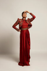 Elysian Maroon Draped gown saree With Short jacket