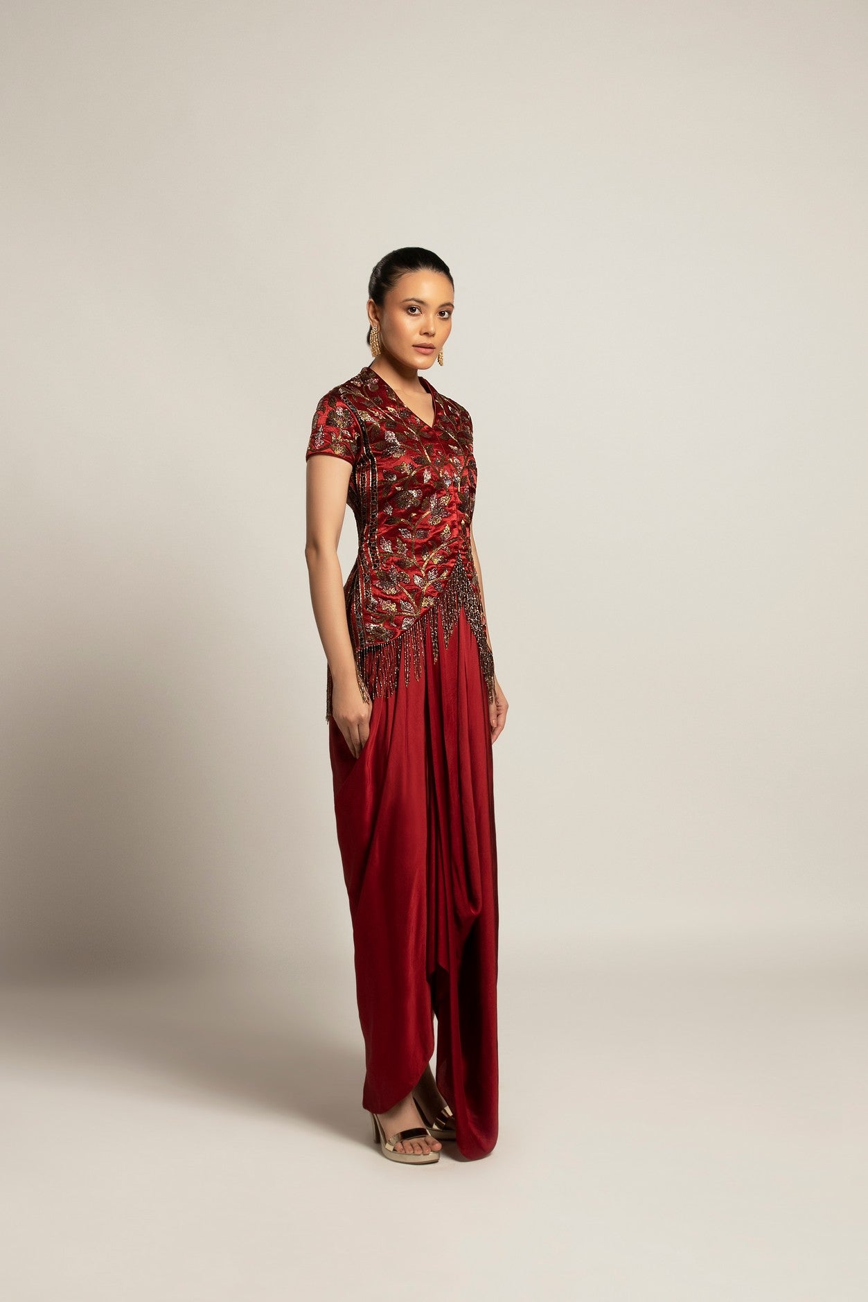 Luscious Maroon jacket with drape skirt Styled up with the ruffled dupatta