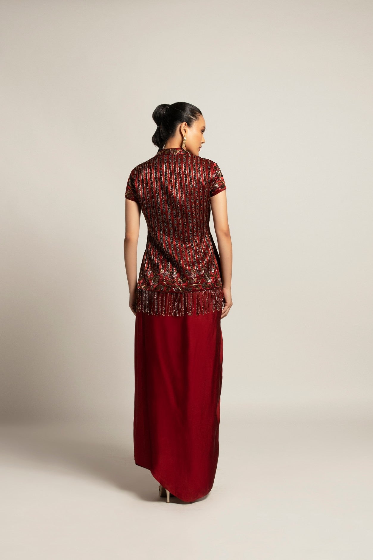 Luscious Maroon jacket with drape skirt Styled up with the ruffled dupatta