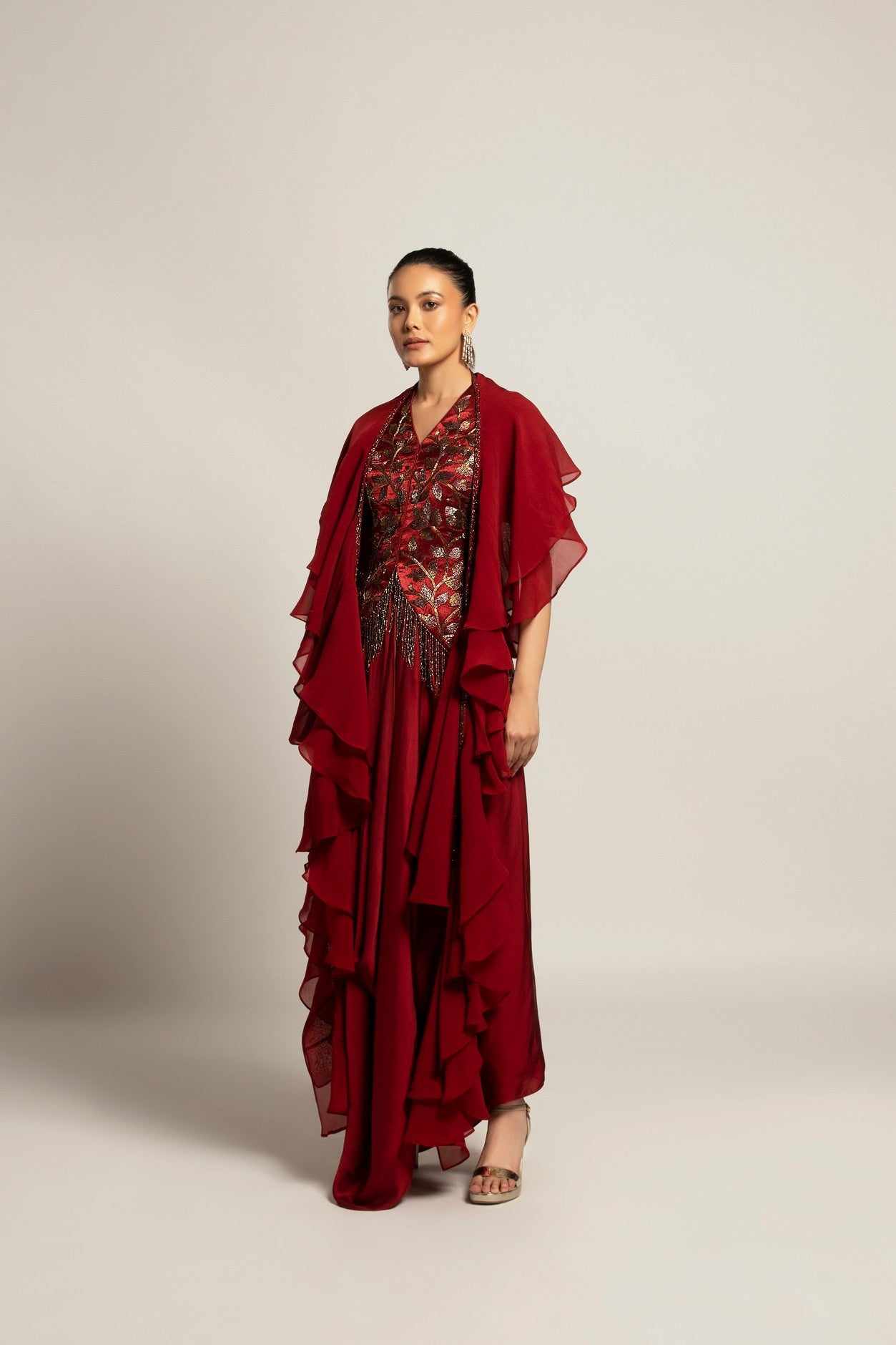Luscious Maroon jacket with drape skirt Styled up with the ruffled dupatta
