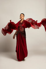 Luscious Maroon jacket with drape skirt Styled up with the ruffled dupatta