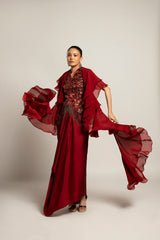 Luscious Maroon jacket with drape skirt Styled up with the ruffled dupatta