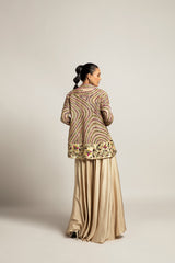 Lustrous ivory bralette & flare pants with ivory organza jacket