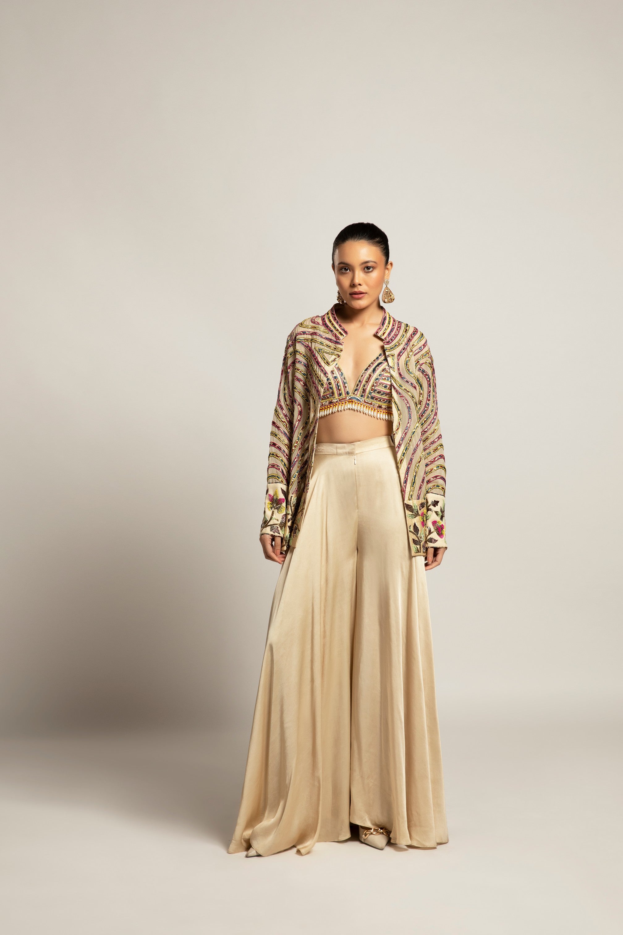 Lustrous ivory bralette & flare pants with ivory organza jacket