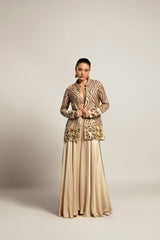 Lustrous ivory bralette & flare pants with ivory organza jacket
