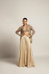 Lustrous ivory bralette & flare pants with ivory organza jacket