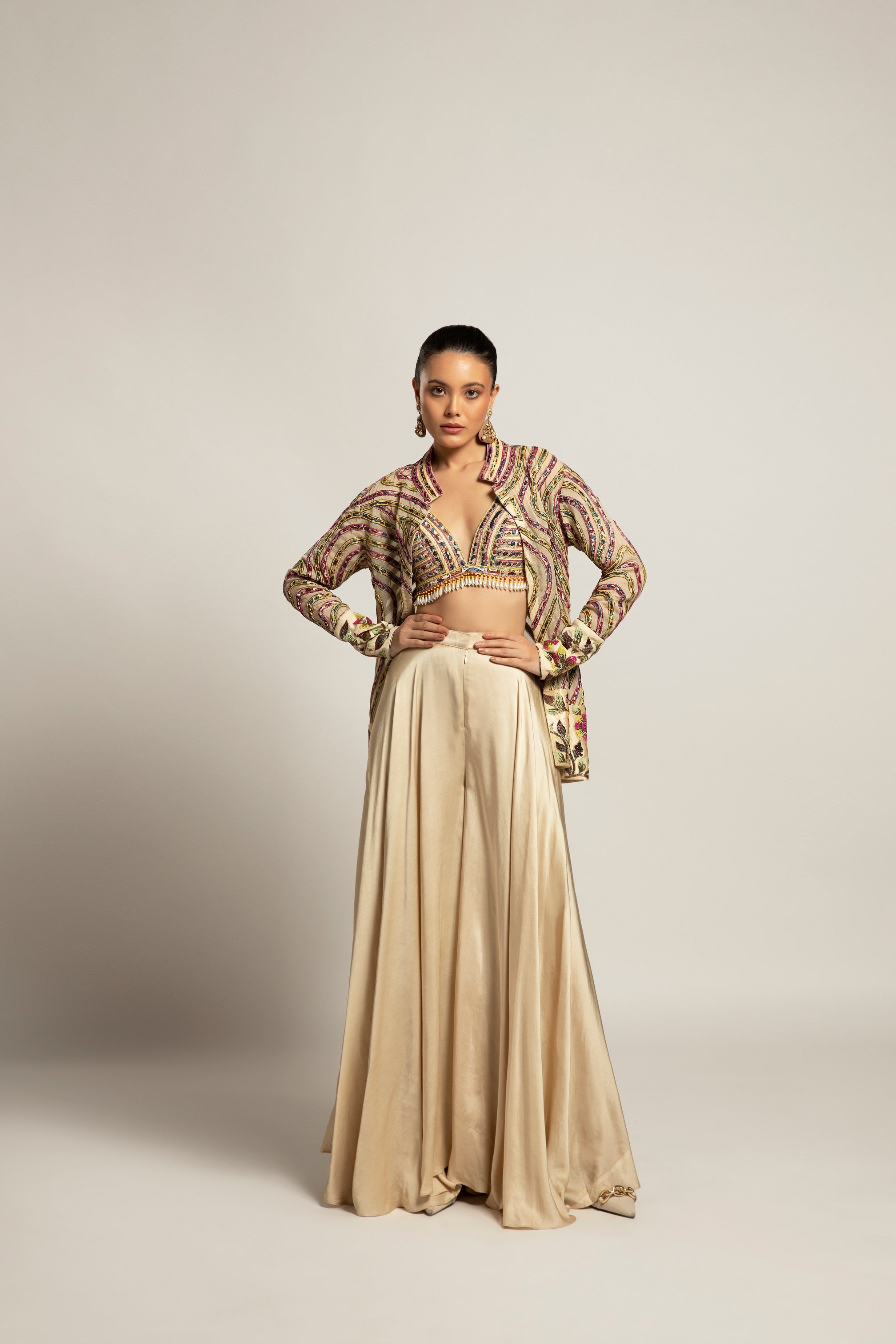 Lustrous ivory bralette & flare pants with ivory organza jacket