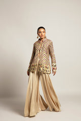 Lustrous ivory bralette & flare pants with ivory organza jacket