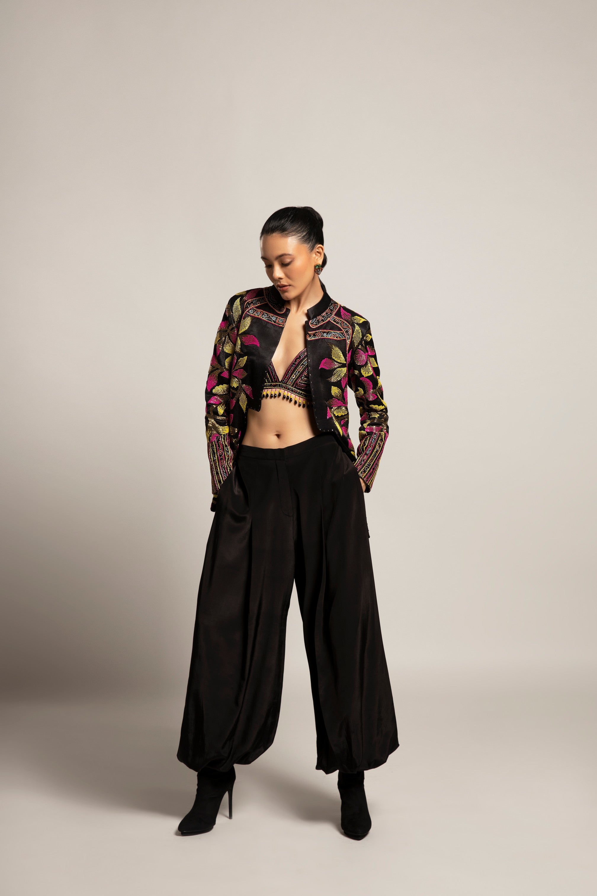 Tantalizing Black bralet & tentom jacket with Jet black harem pants