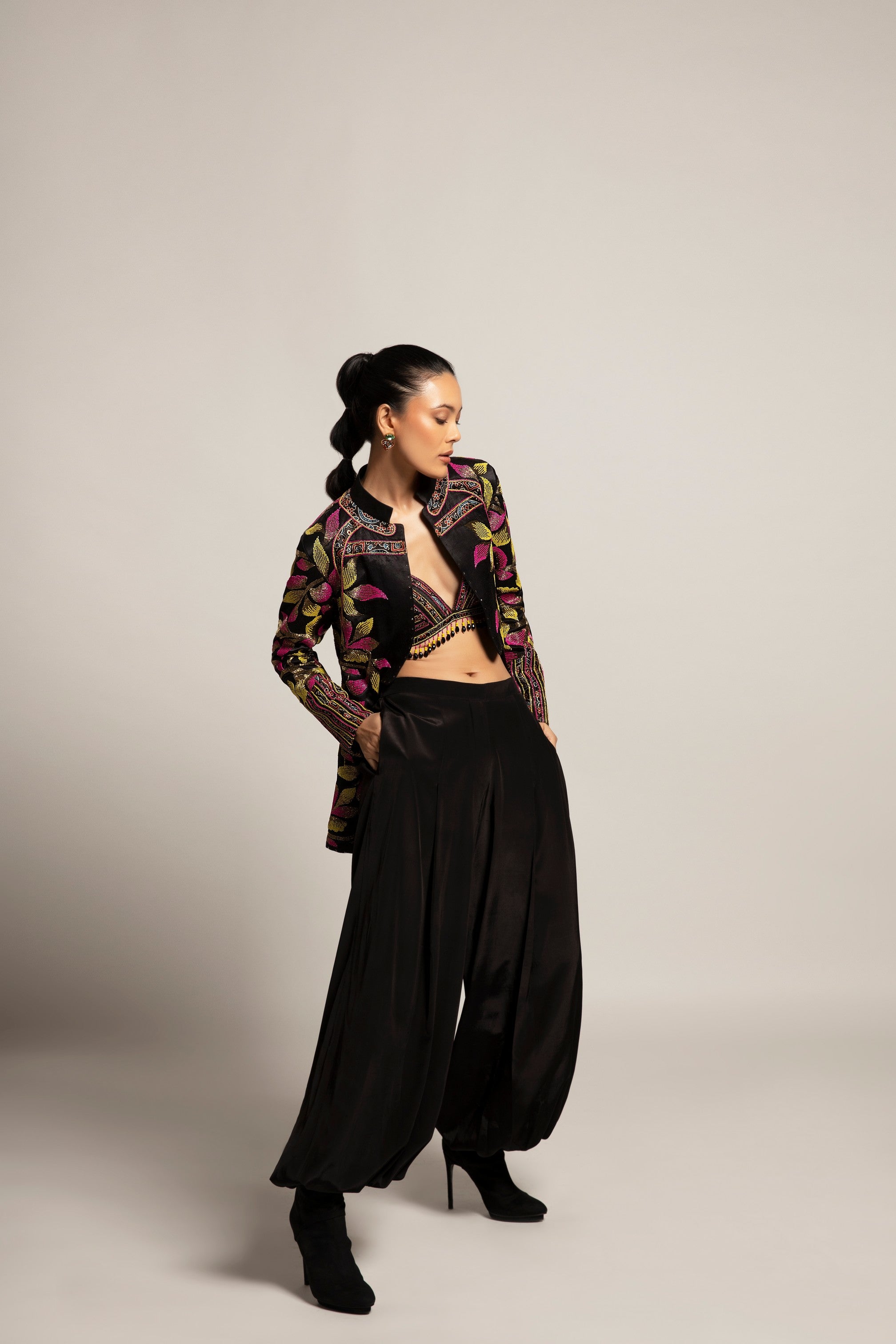 Tantalizing Black bralet & tentom jacket with Jet black harem pants