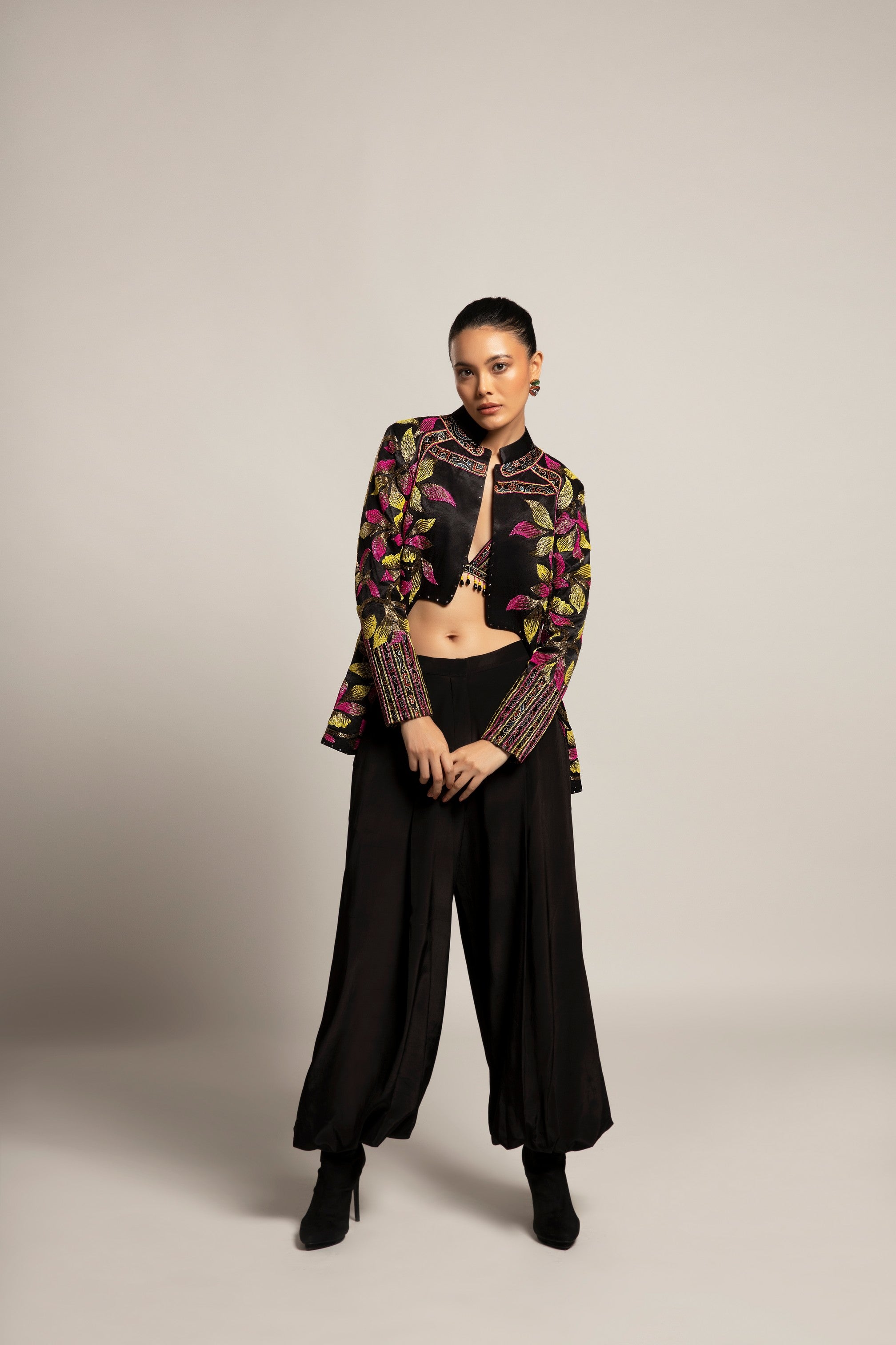 Tantalizing Black bralet & tentom jacket with Jet black harem pants