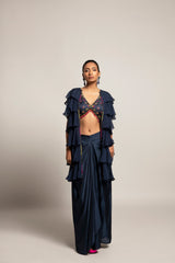Ravishing Navy blue blouse and drape skirt with fine layered organza jacket