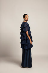 Ravishing Navy blue blouse and drape skirt with fine layered organza jacket