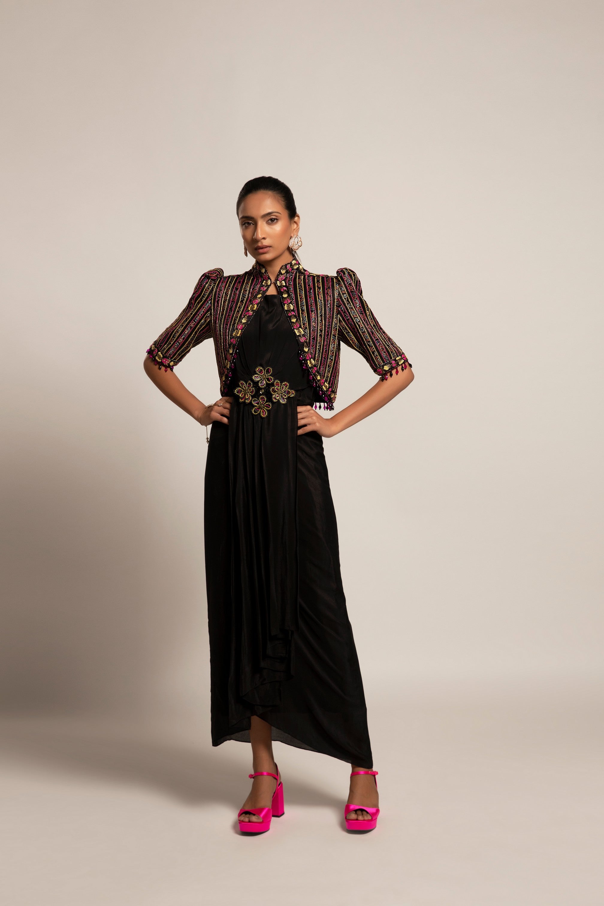 Beauteous Black drape with short jacket set