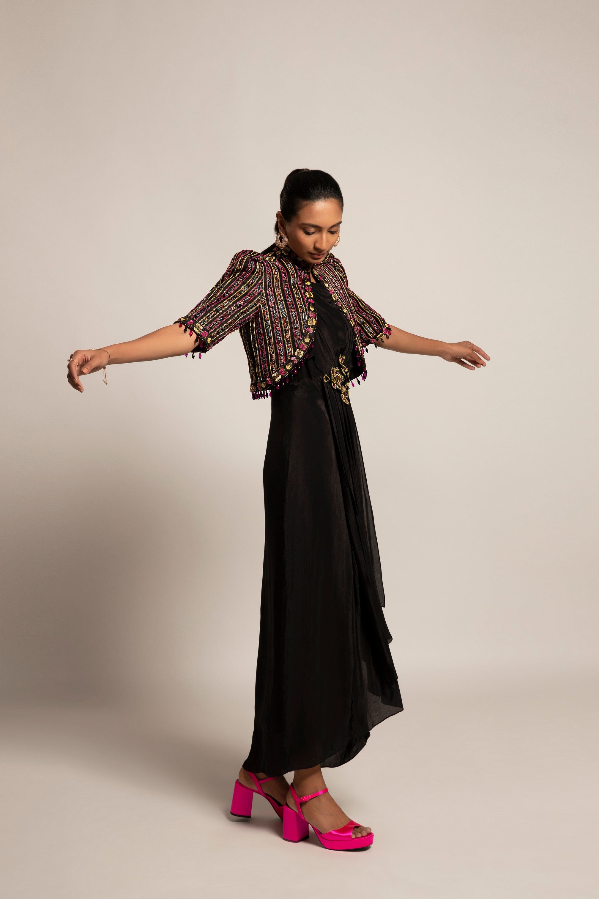 Beauteous Black drape with short jacket set