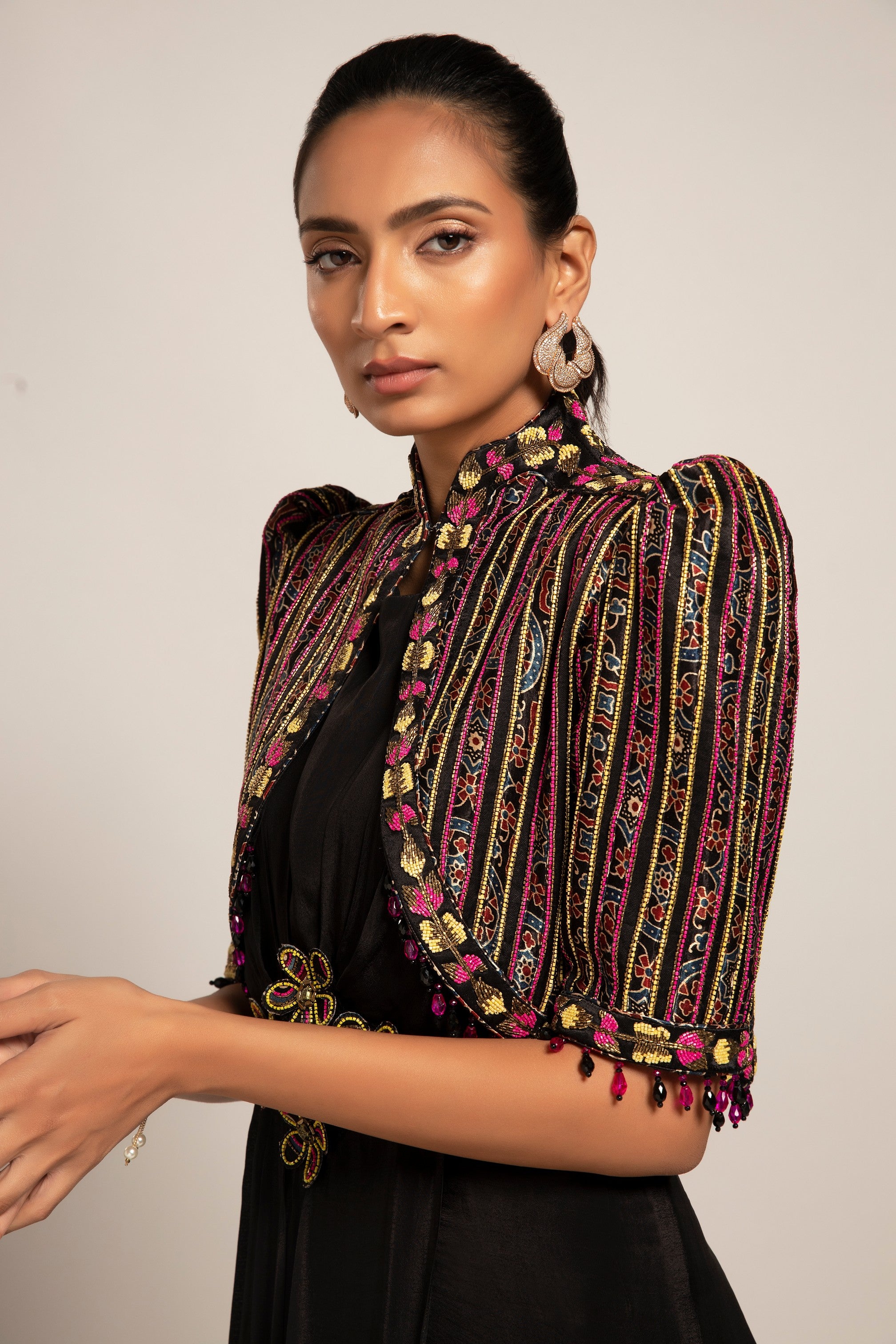 Beauteous Black drape with short jacket set