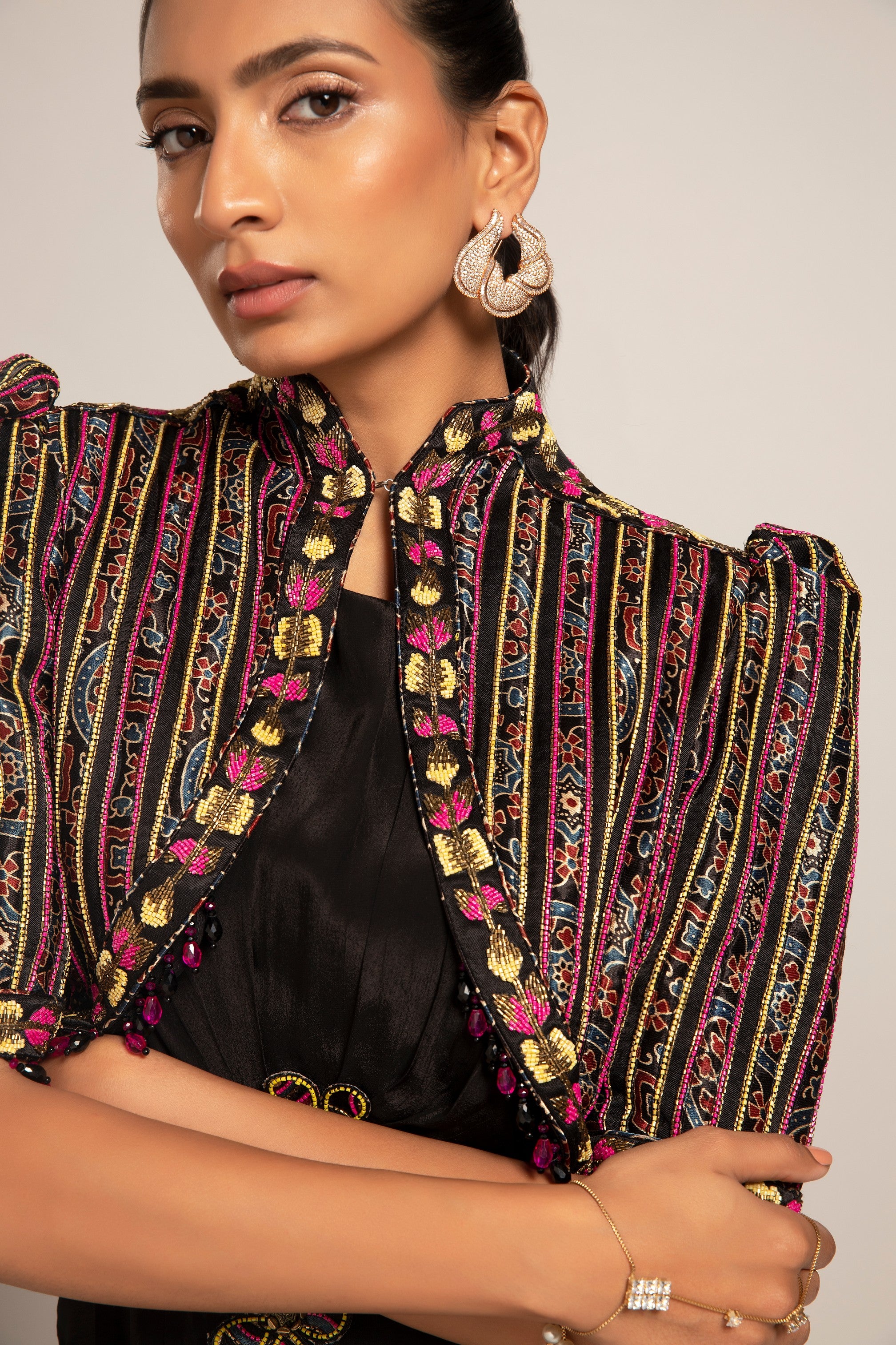 Beauteous Black drape with short jacket set