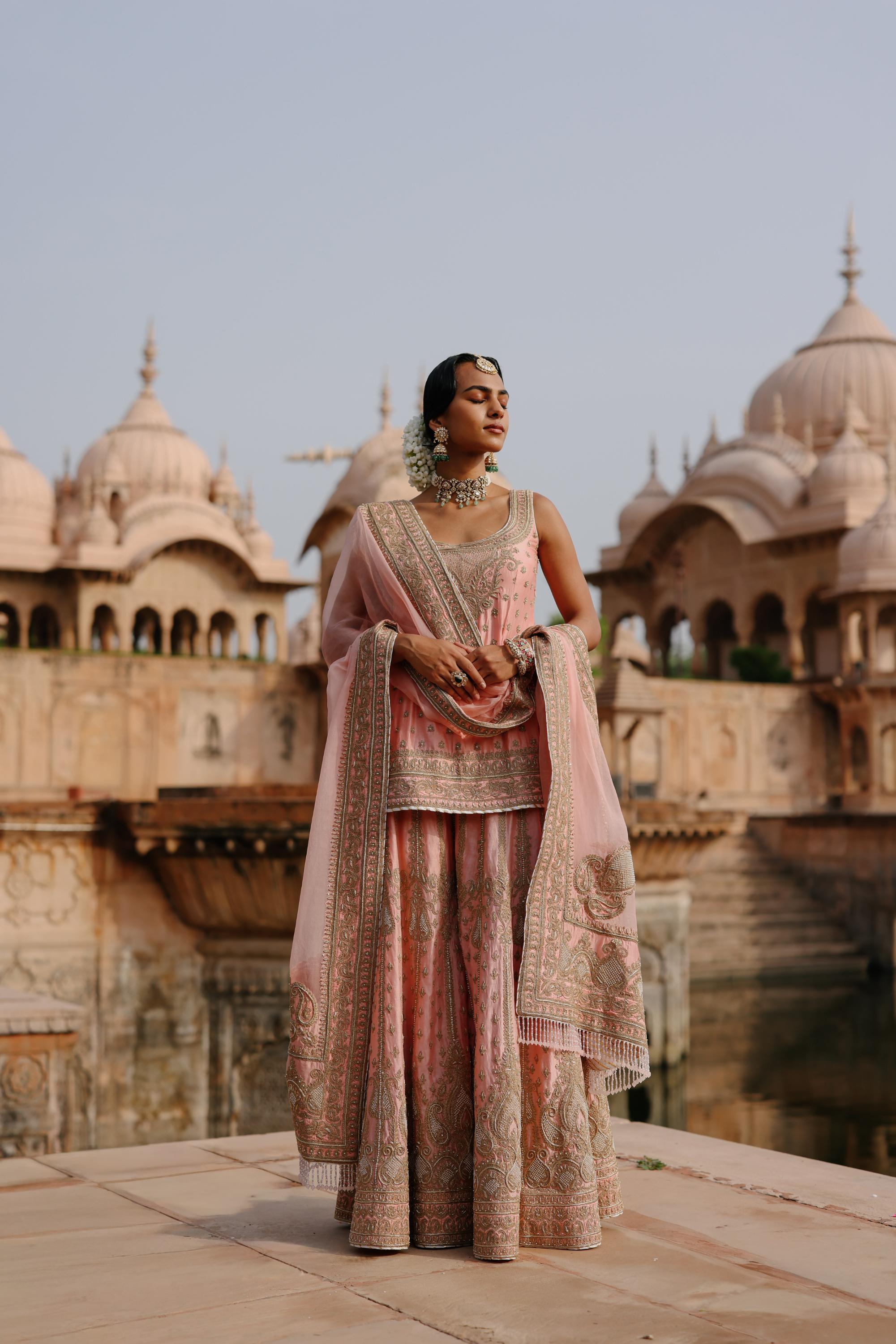 Tasnim - Pink Kurta Set with Sharara & Dupatta