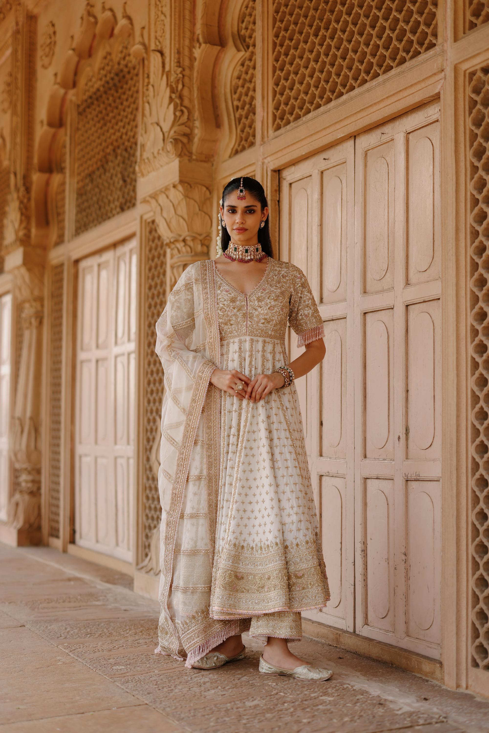Nafees - Daisy Ivory Kalidaar Anarkali Set with Palazzo & Dupatta