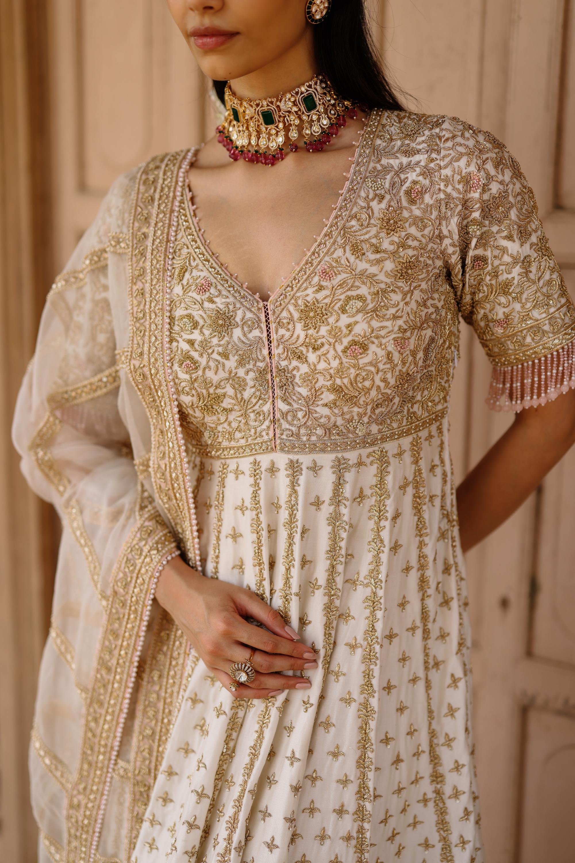 Nafees - Daisy Ivory Kalidaar Anarkali Set with Palazzo & Dupatta