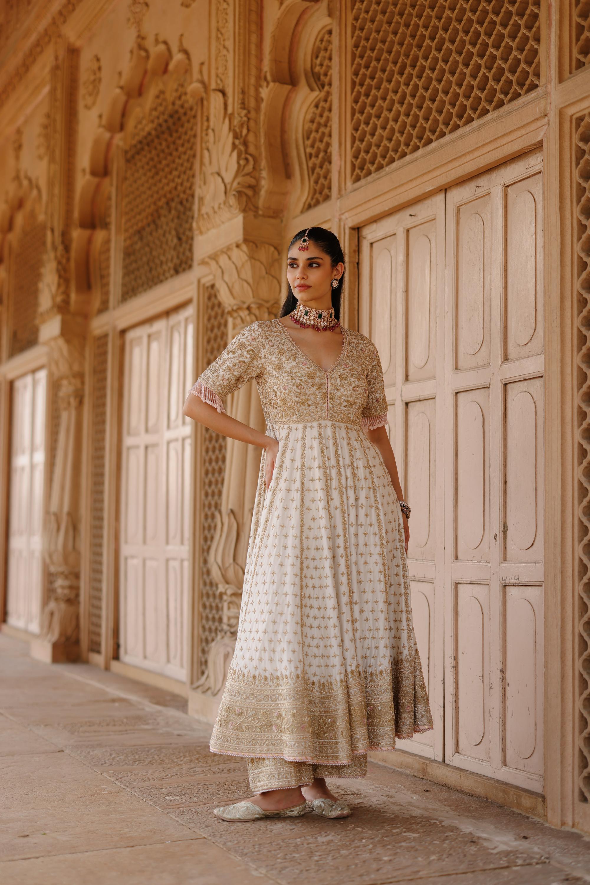 Nafees - Daisy Ivory Kalidaar Anarkali Set with Palazzo & Dupatta