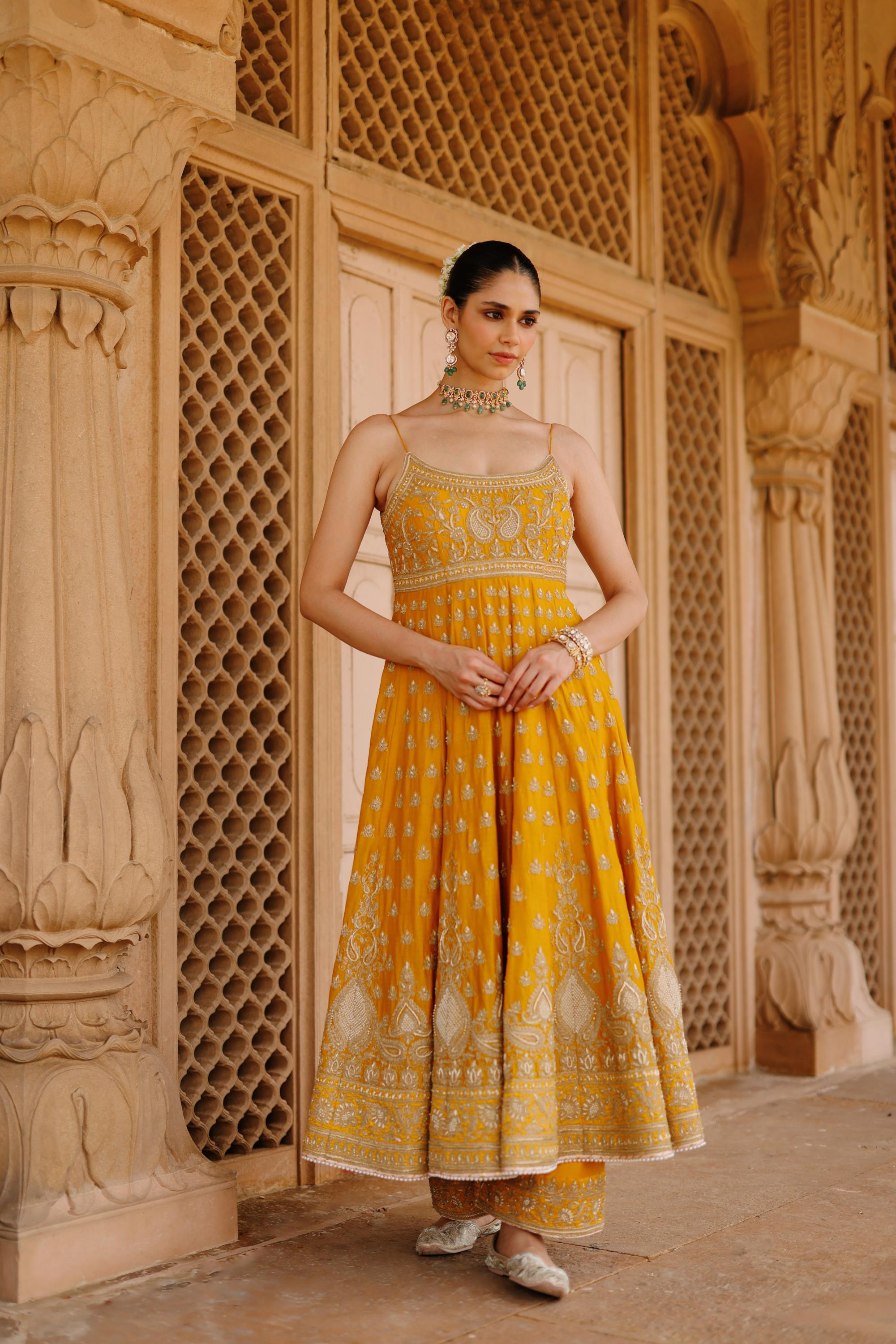 Afraa - Mustard Anarkali Set with Palazzo & Dupatta