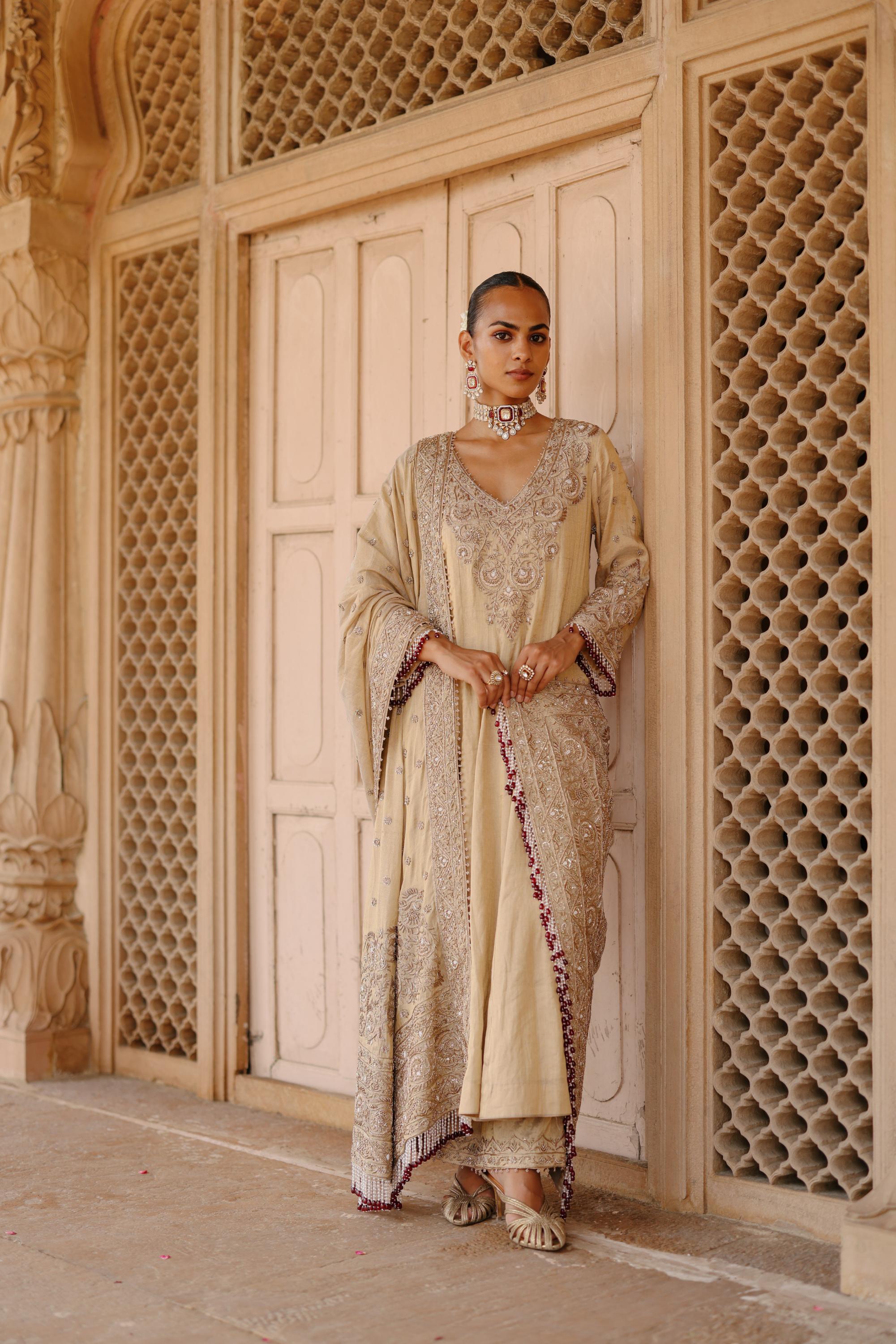 Rooh – Gold Tissue Long Kalidaar Anarkali Set with Palazzo & Dupatta