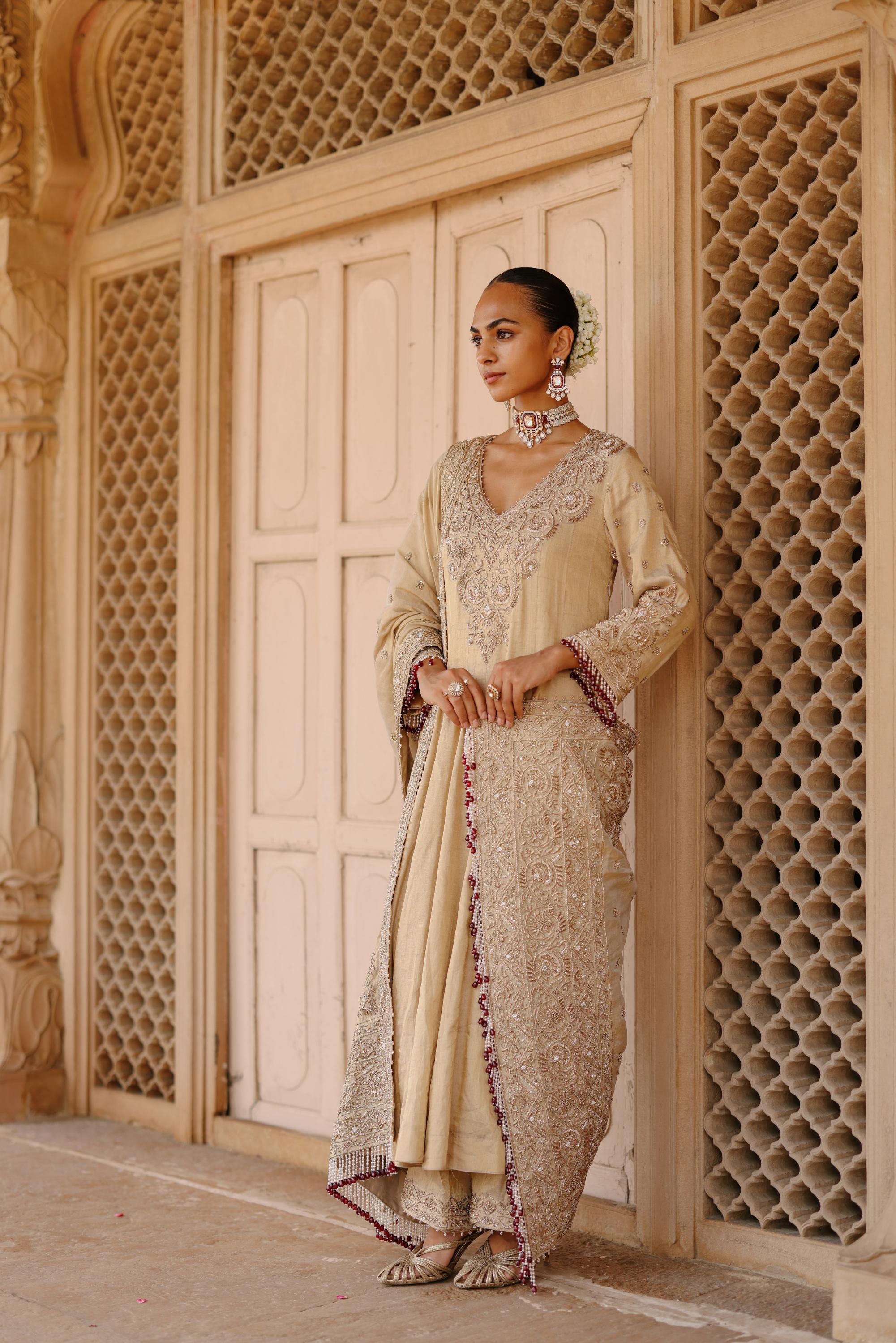 Rooh – Gold Tissue Long Kalidaar Anarkali Set with Palazzo & Dupatta