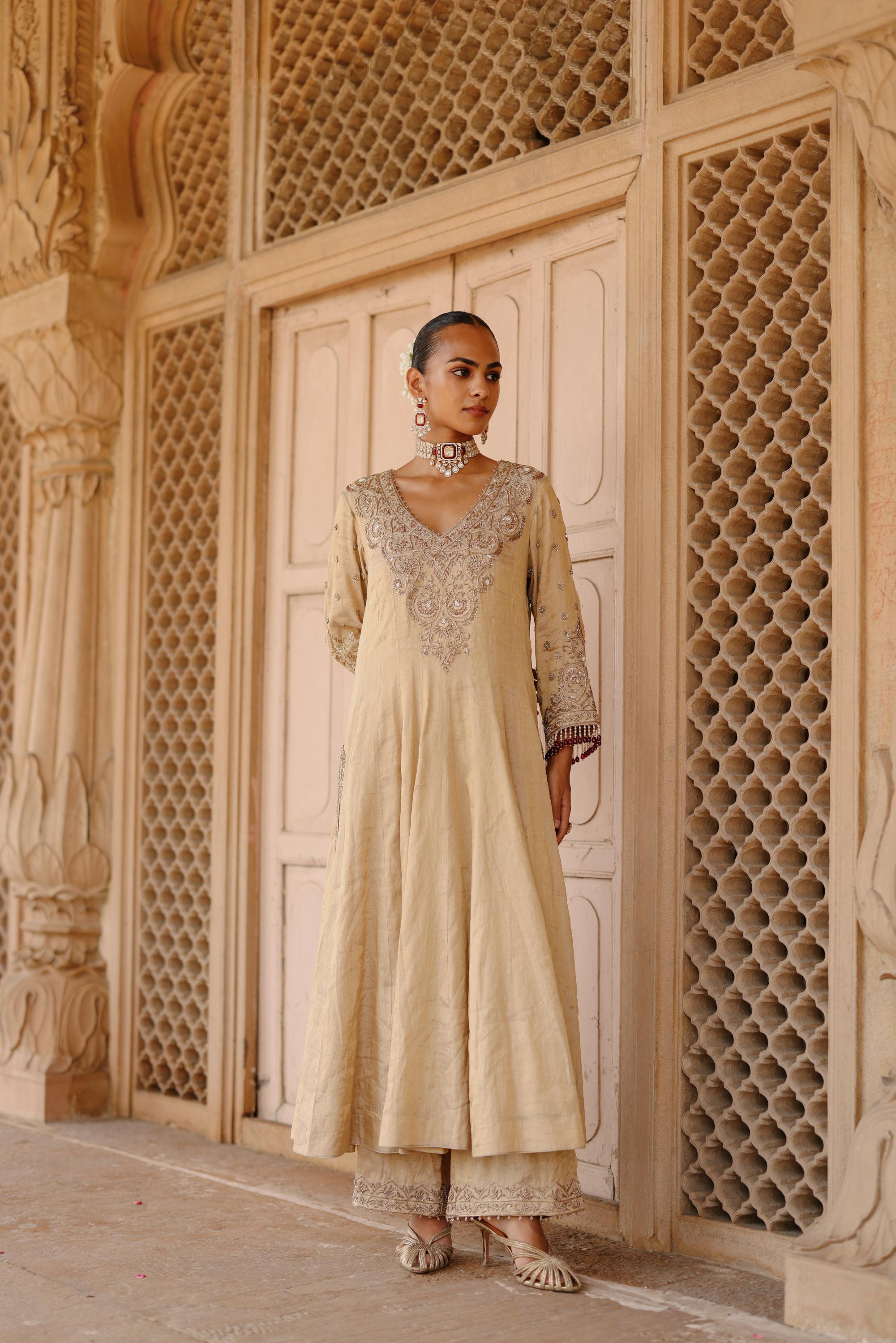 Rooh – Gold Tissue Long Kalidaar Anarkali Set with Palazzo & Dupatta