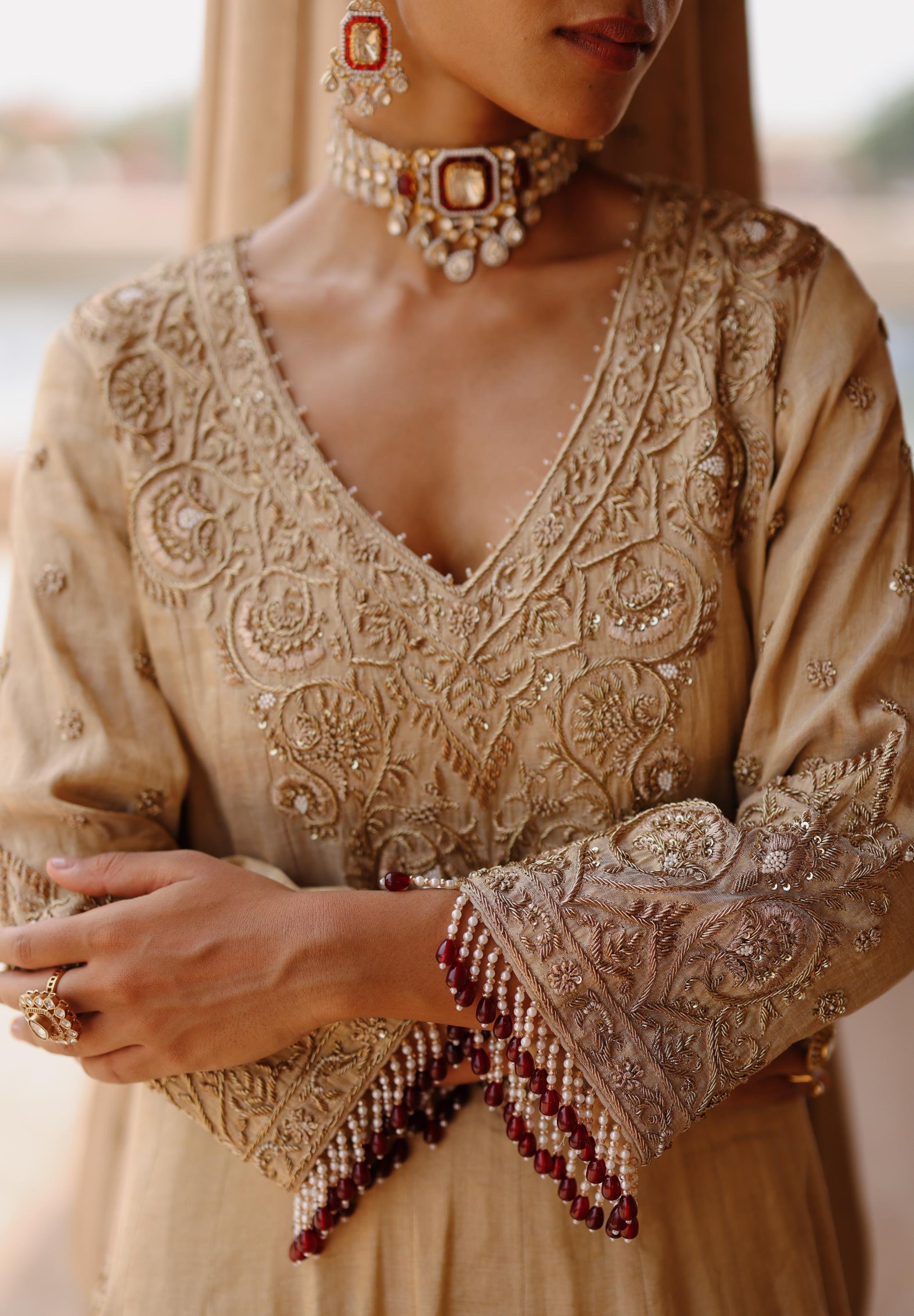 Rooh – Gold Tissue Long Kalidaar Anarkali Set with Palazzo & Dupatta