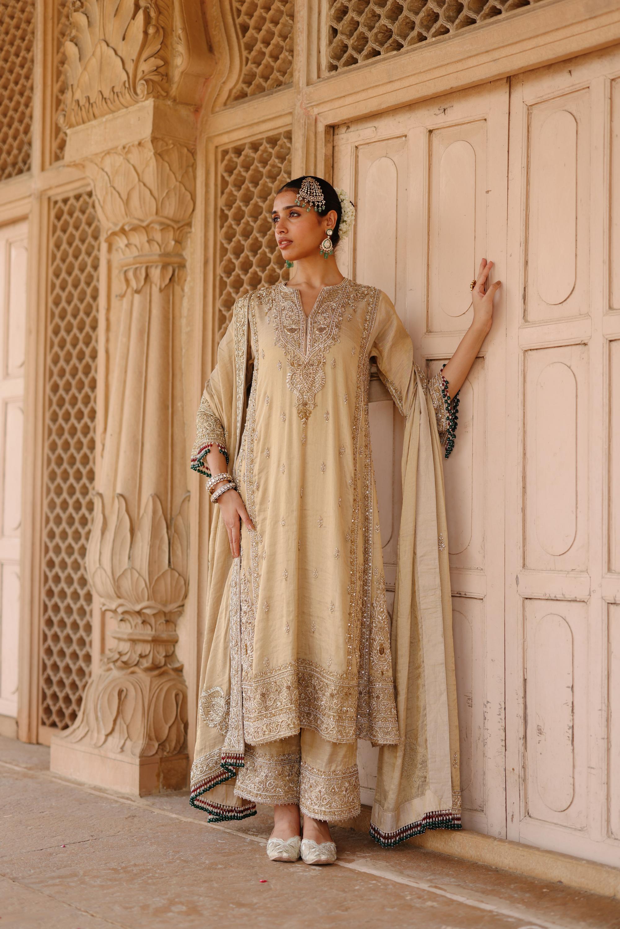 Nazaara - Gold Tissue Long Kalidaar Chauga Set with Palazzo & Dupatta