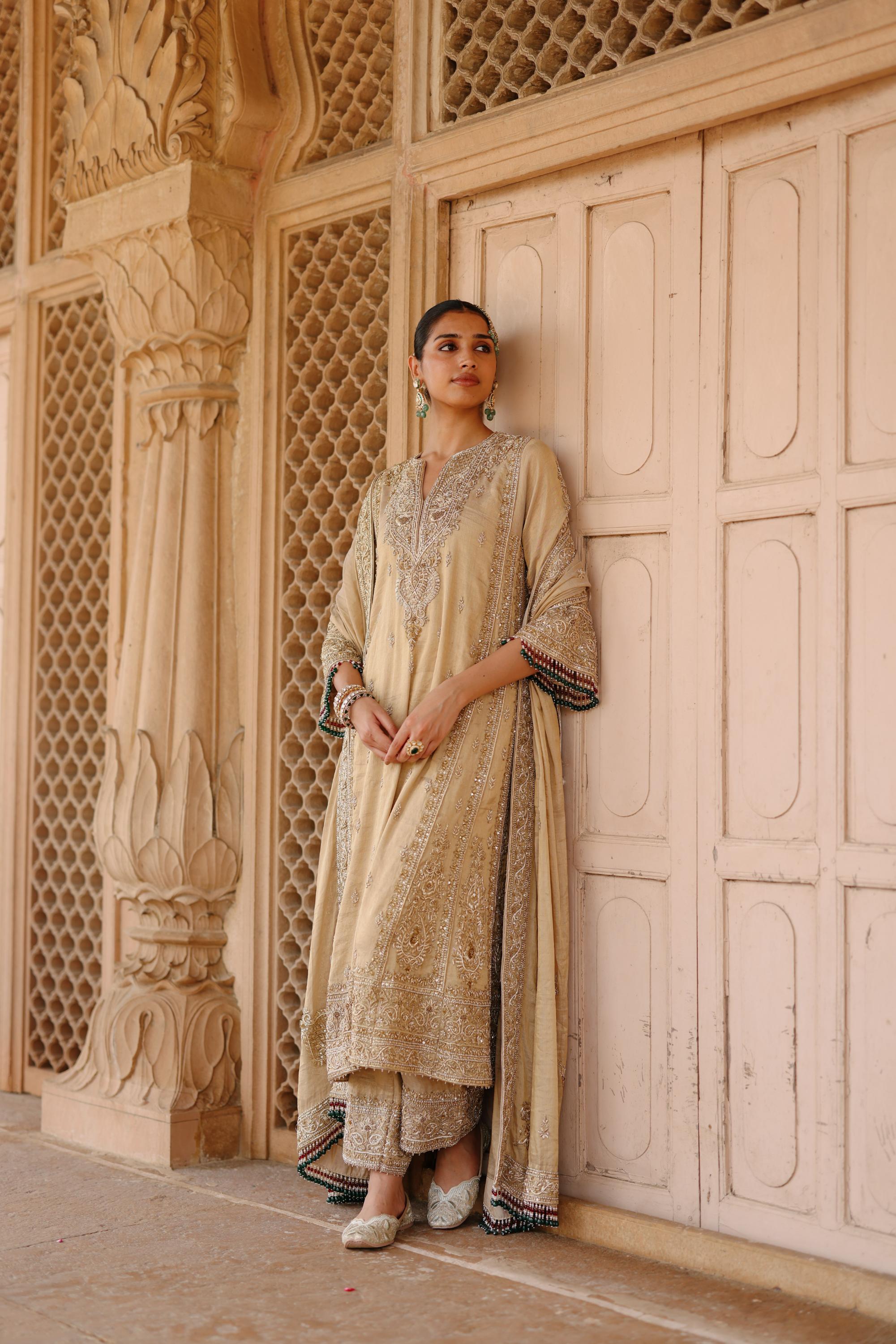 Nazaara - Gold Tissue Long Kalidaar Chauga Set with Palazzo & Dupatta