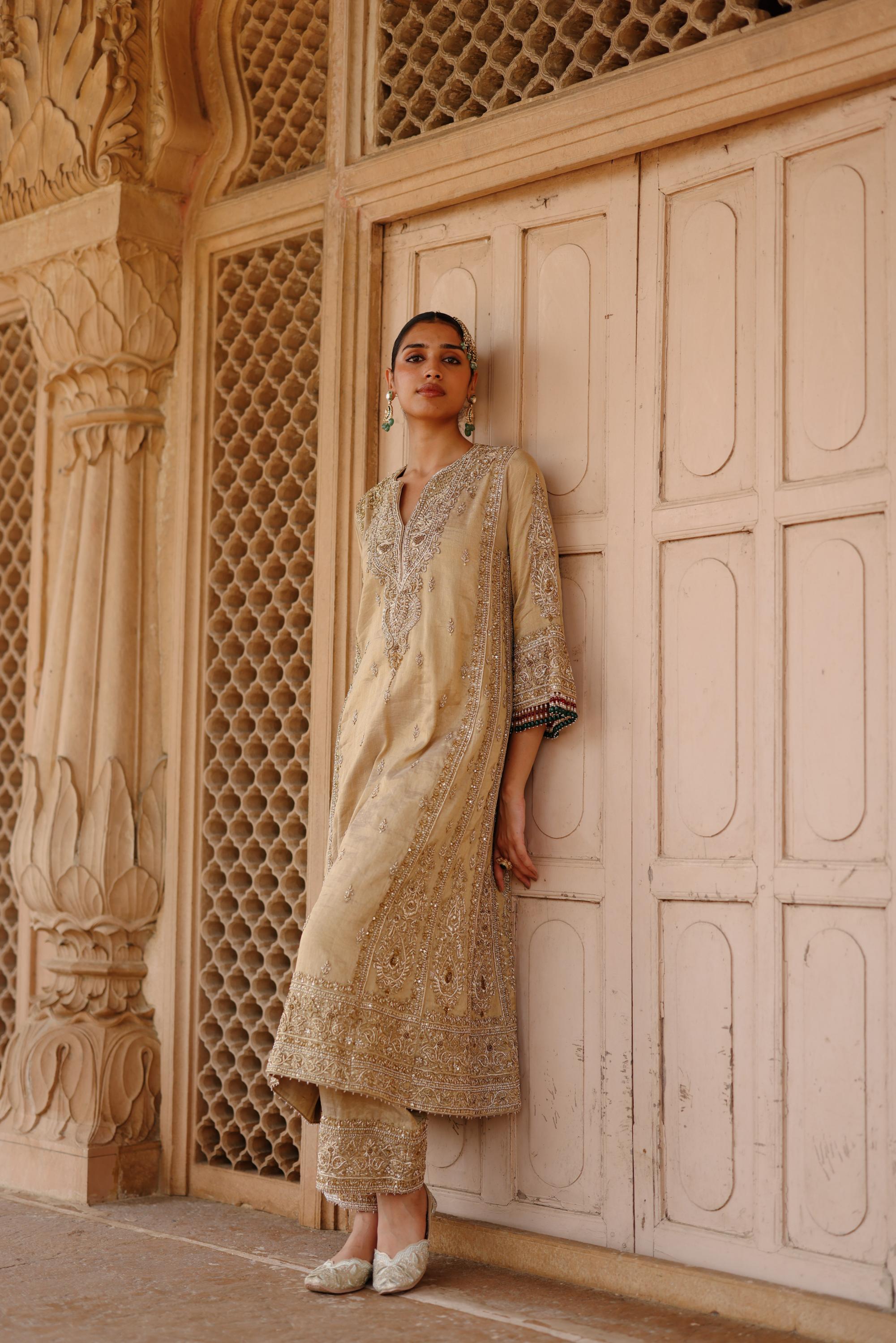 Nazaara - Gold Tissue Long Kalidaar Chauga Set with Palazzo & Dupatta