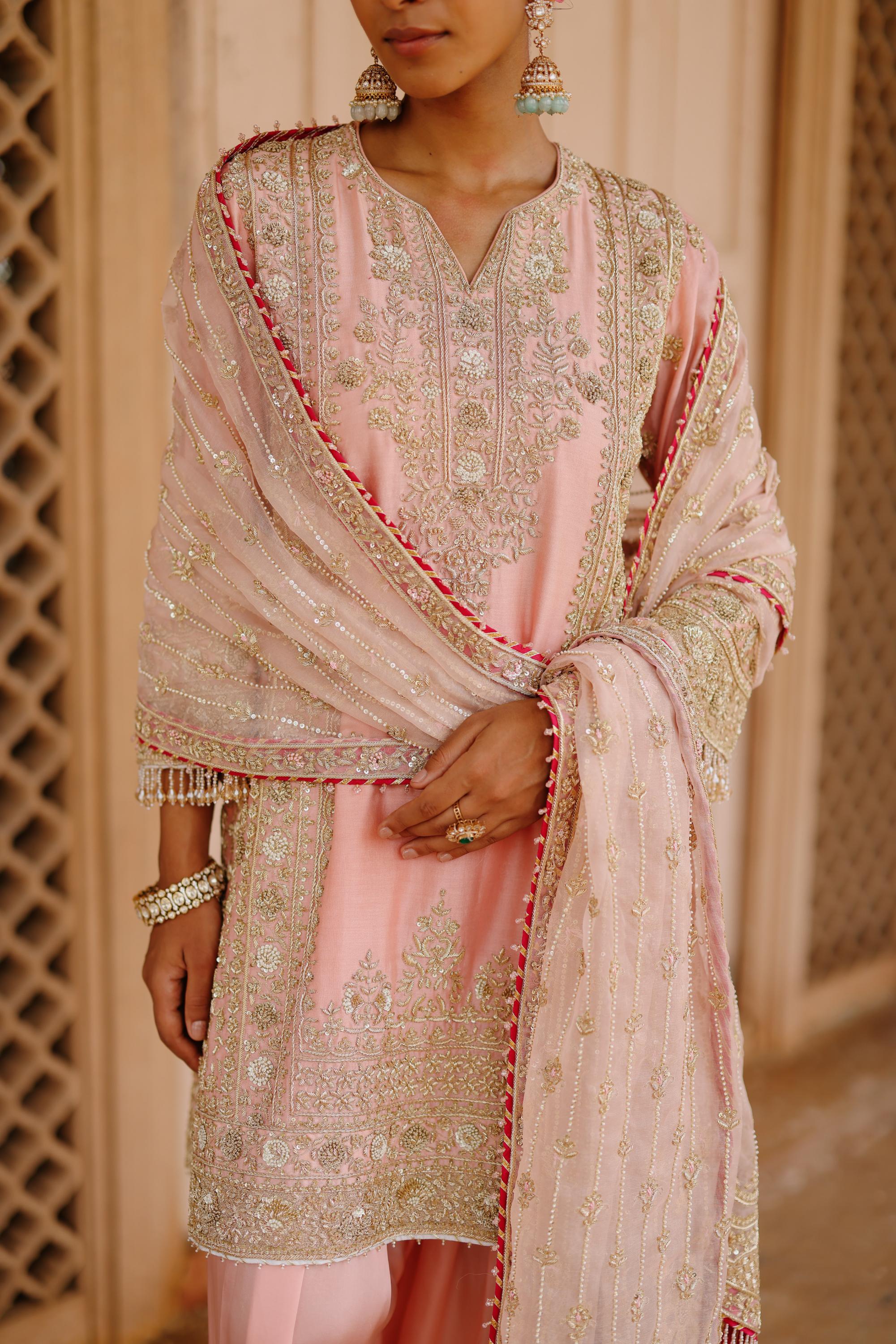 Elaya - Pink Short Kurta Set with Matching Salwar & Dupatta