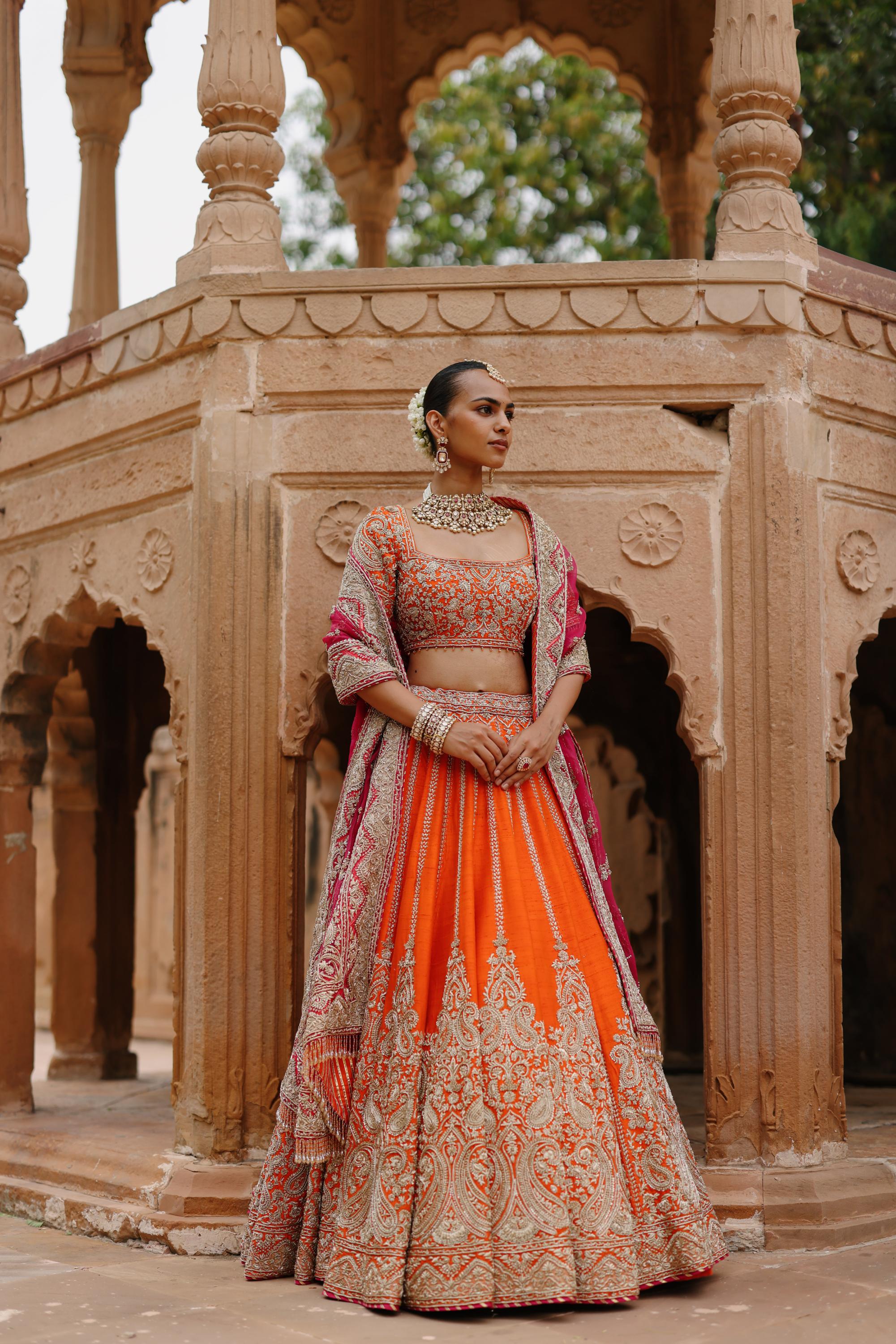 Nagma - Orange Lehenga Set with Blouse & Hot Pink Dupatta