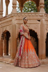 Nagma - Orange Lehenga Set with Blouse & Hot Pink Dupatta