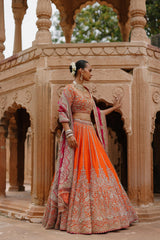 Nagma - Orange Lehenga Set with Blouse & Hot Pink Dupatta