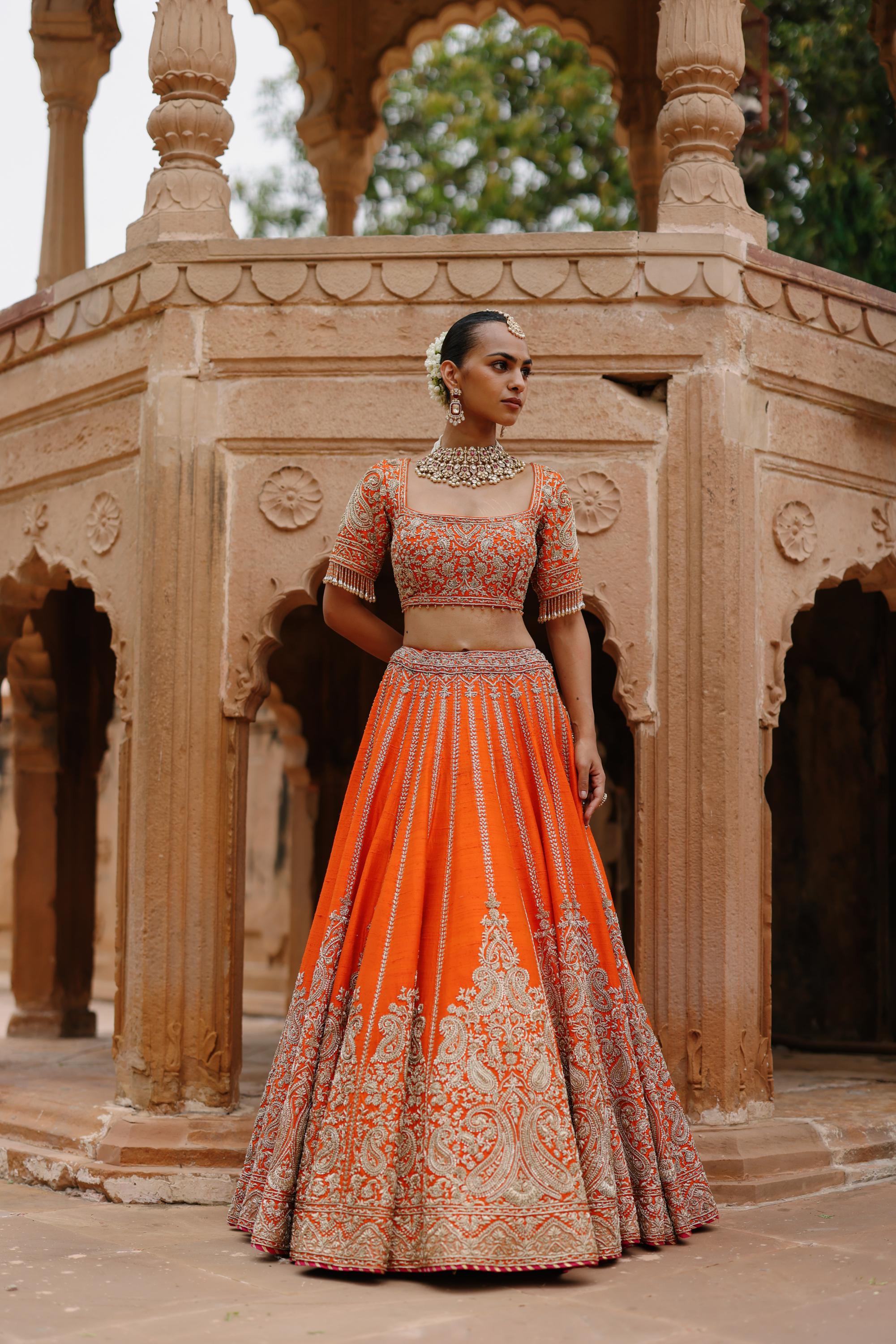 Nagma - Orange Lehenga Set with Blouse & Hot Pink Dupatta