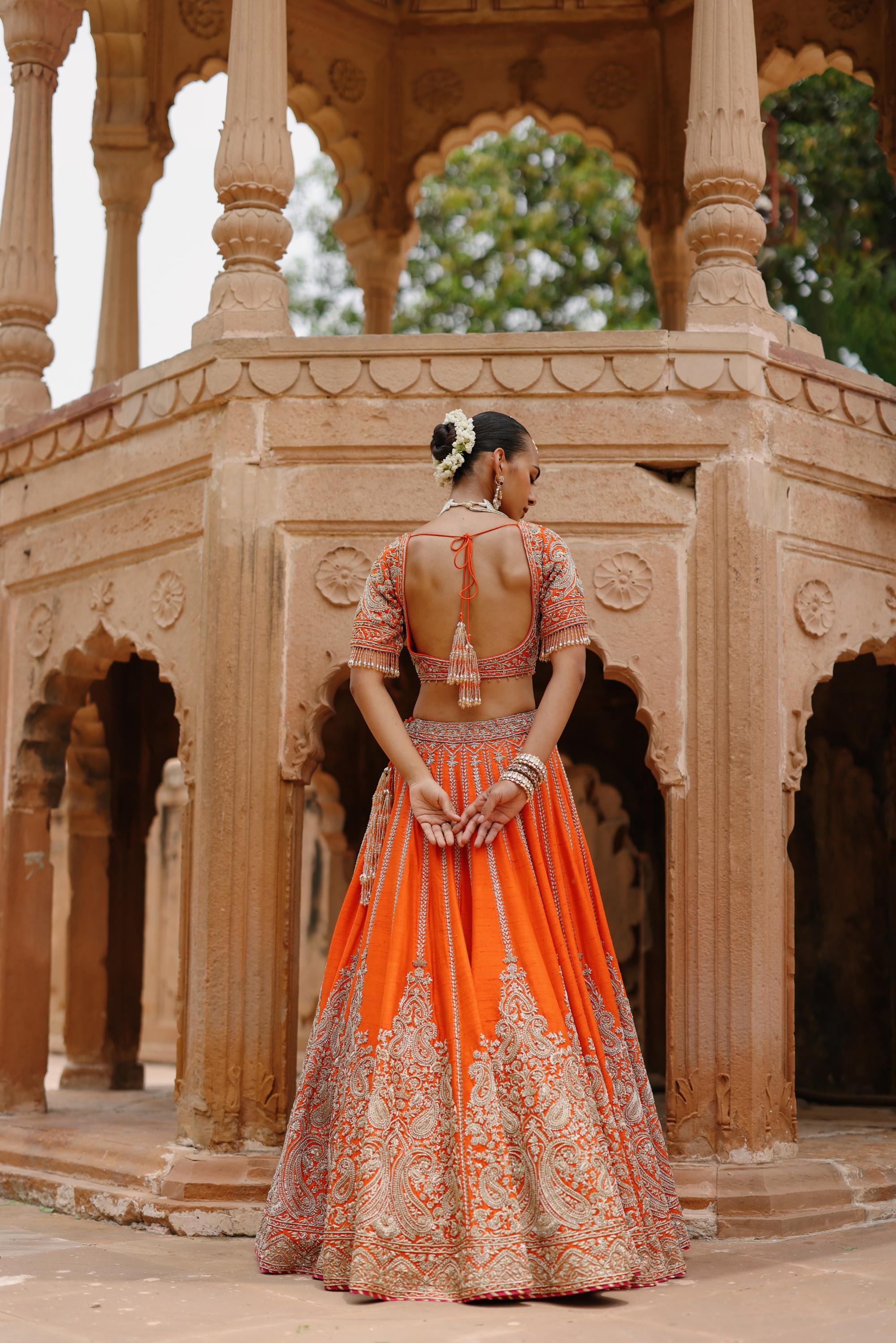 Nagma - Orange Lehenga Set with Blouse & Hot Pink Dupatta