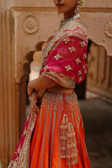 Nagma - Orange Lehenga Set with Blouse & Hot Pink Dupatta