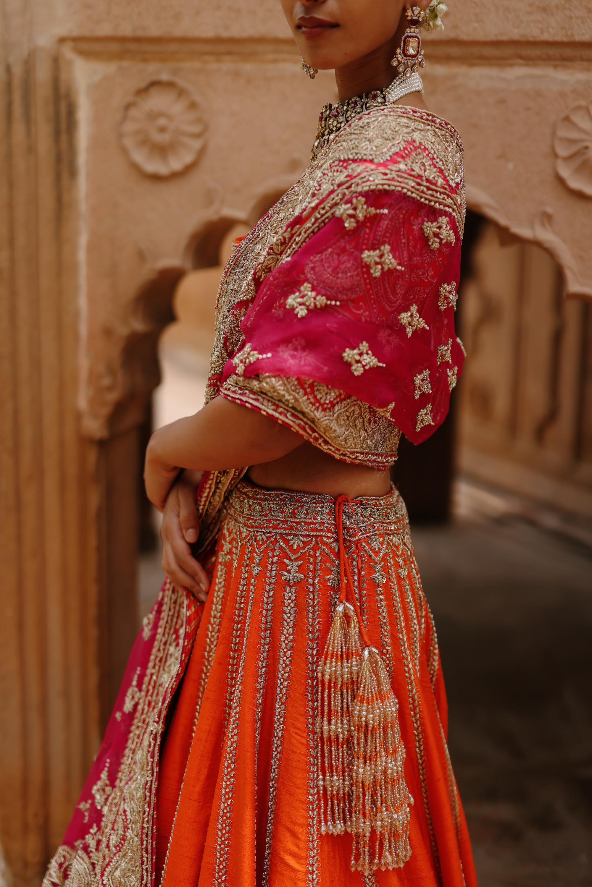 Nagma - Orange Lehenga Set with Blouse & Hot Pink Dupatta