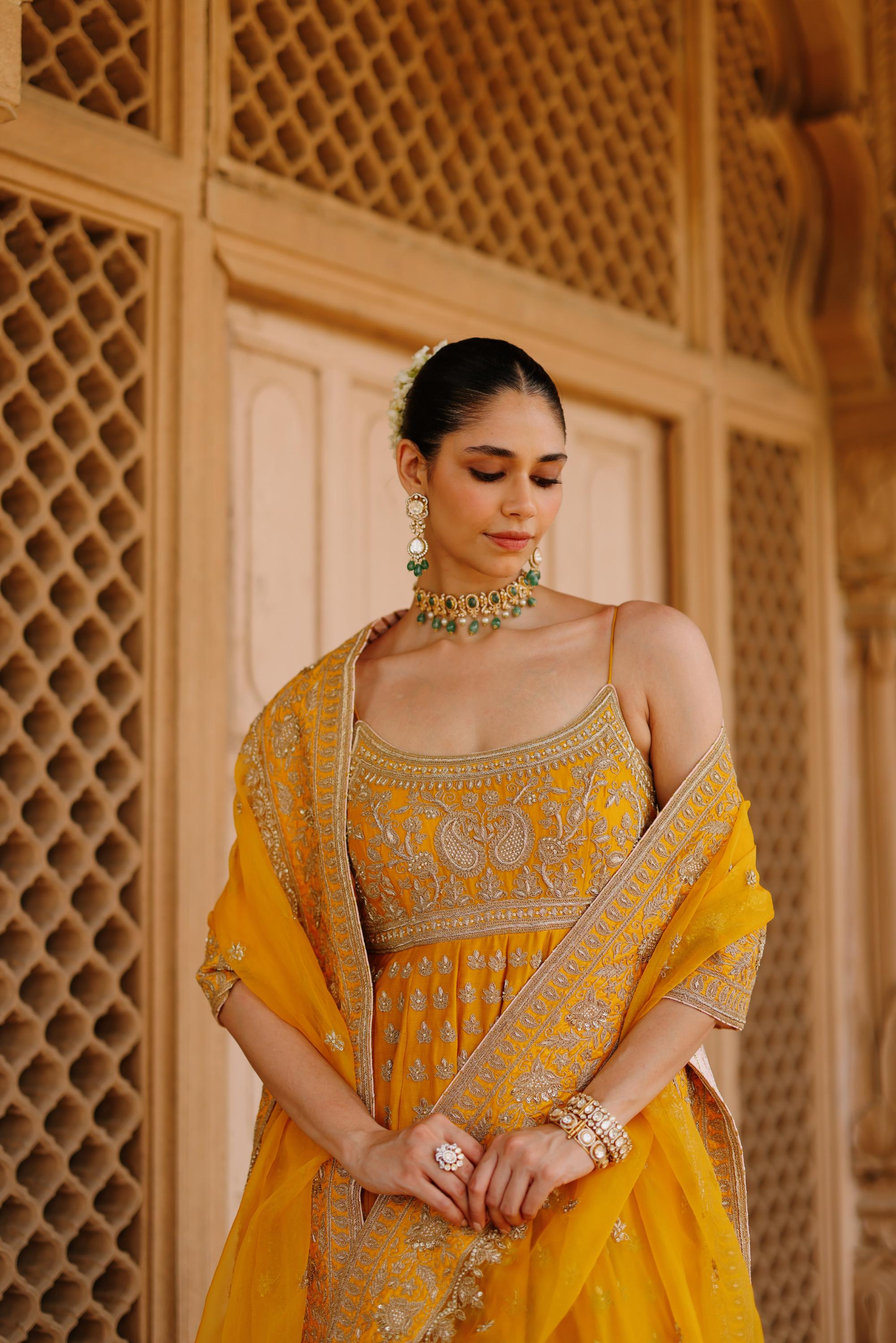 Afraa - Mustard Anarkali Set with Palazzo & Dupatta