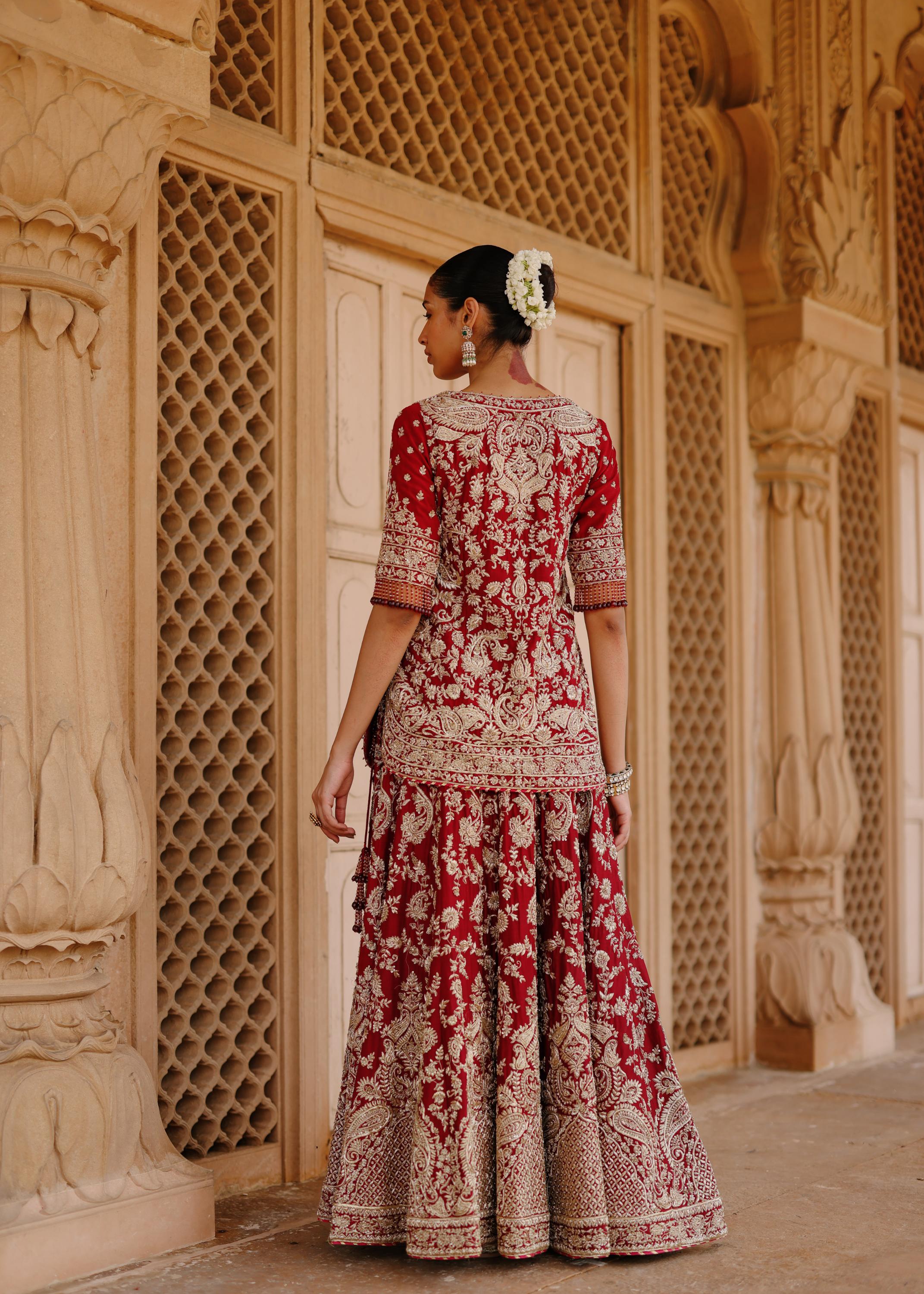 Merab - Deep Red Kurta Set with Lehenga & Dupatta