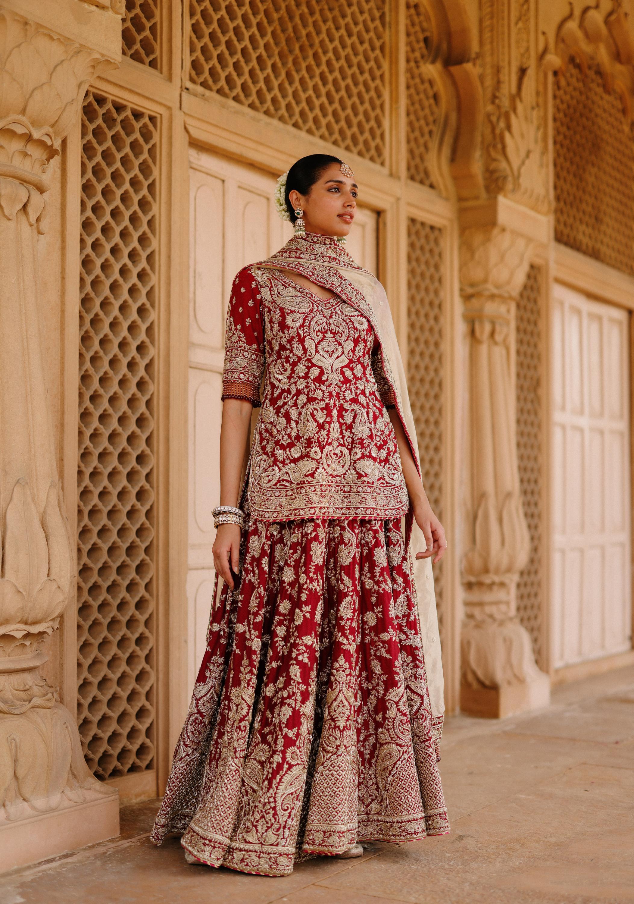 Merab - Deep Red Kurta Set with Lehenga & Dupatta