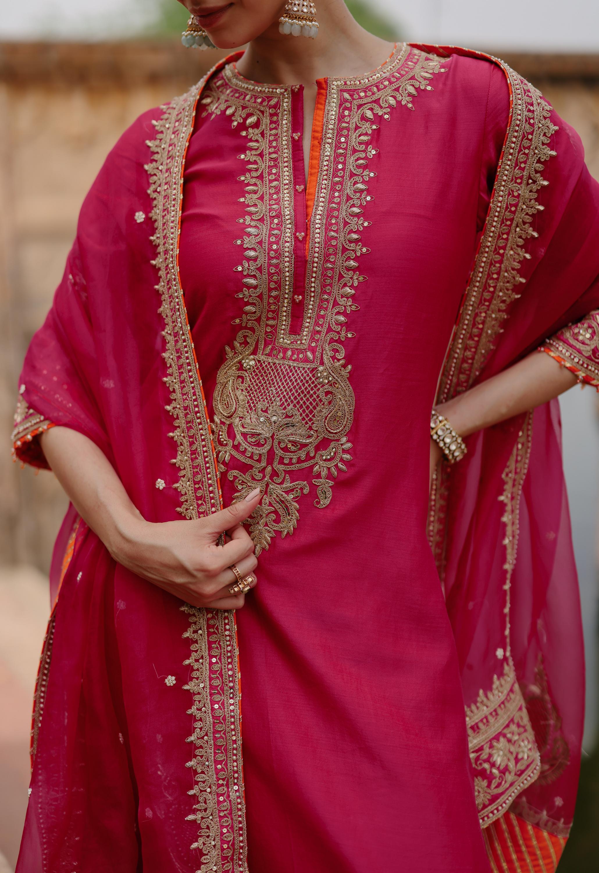 Arwa - Hot Pink Long Kurta Set with Salwar & Dupatta