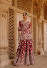 Merab - Deep Red Kurta Set with Lehenga & Dupatta