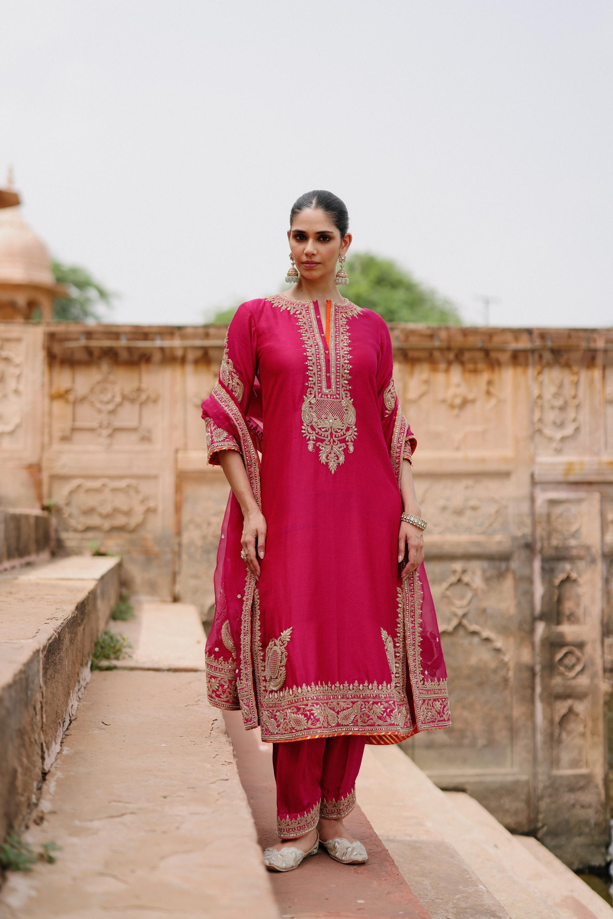 Arwa - Hot Pink Long Kurta Set with Salwar & Dupatta