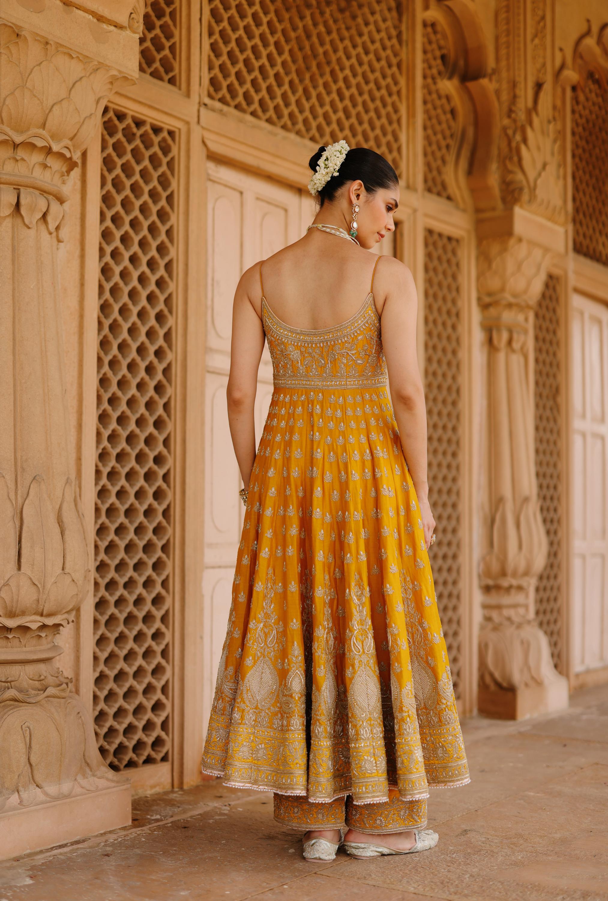 Afraa - Mustard Anarkali Set with Palazzo & Dupatta