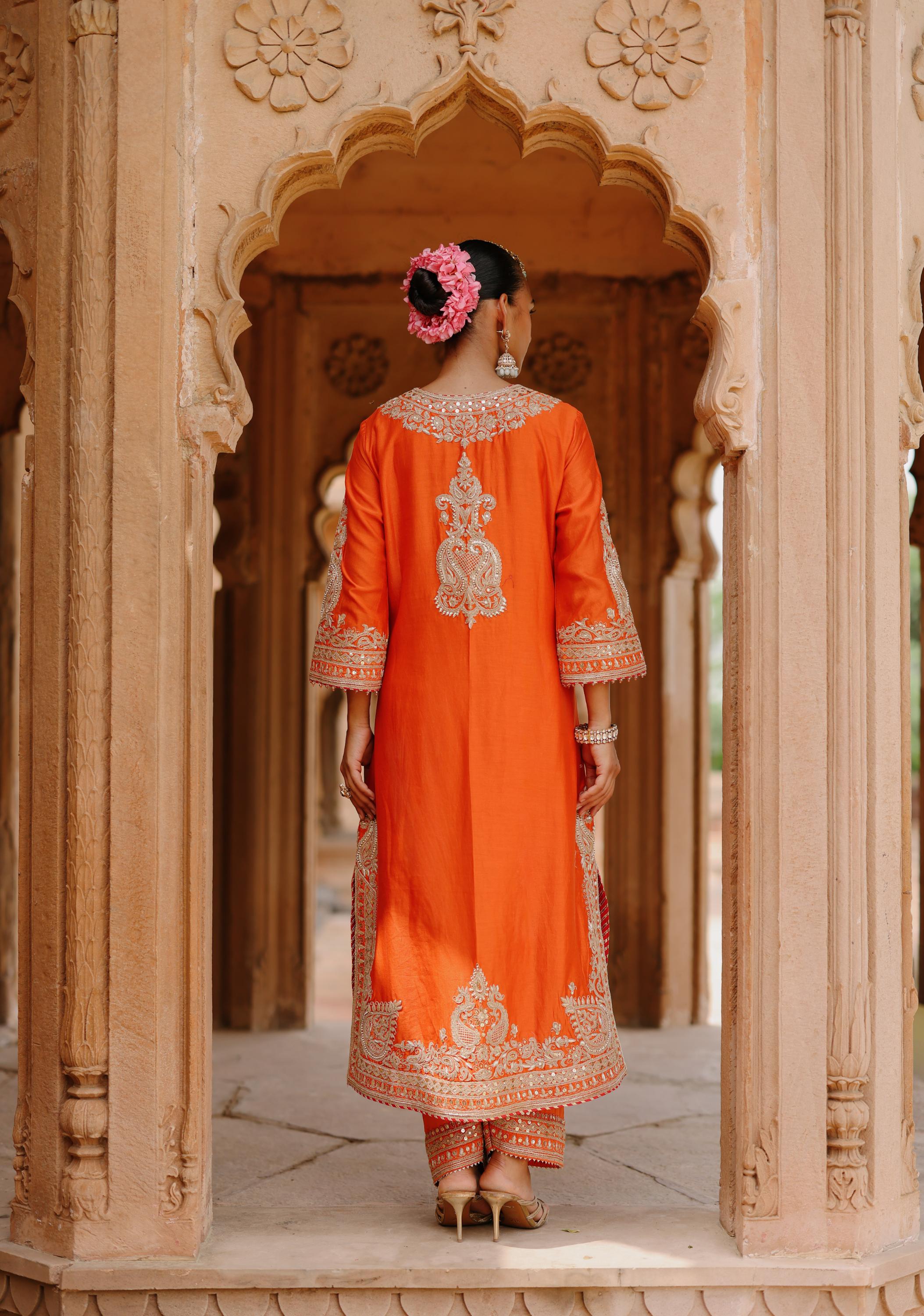 Umaira - Burnt Orange Long Kurta Set with Salwar & Dupatta