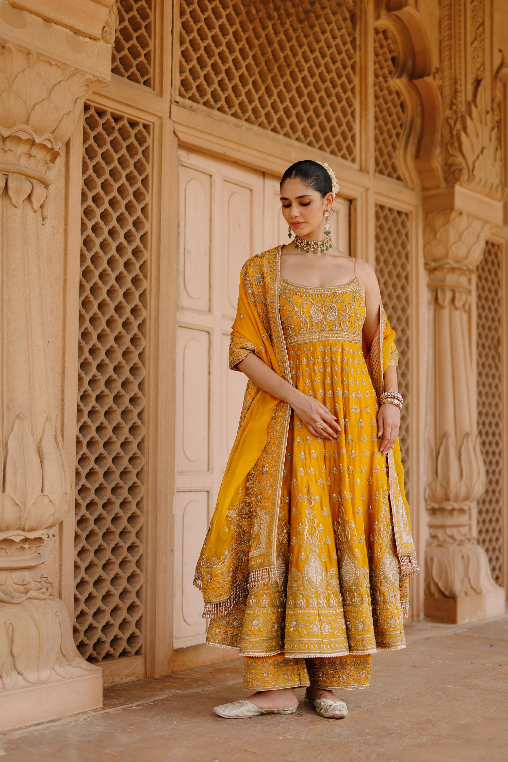 Afraa - Mustard Anarkali Set with Palazzo & Dupatta